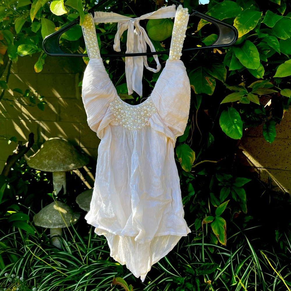BEBE Elegant, White Pearl Halter Top, Bow Back Detail, Pearl Accent, Bridal Top
